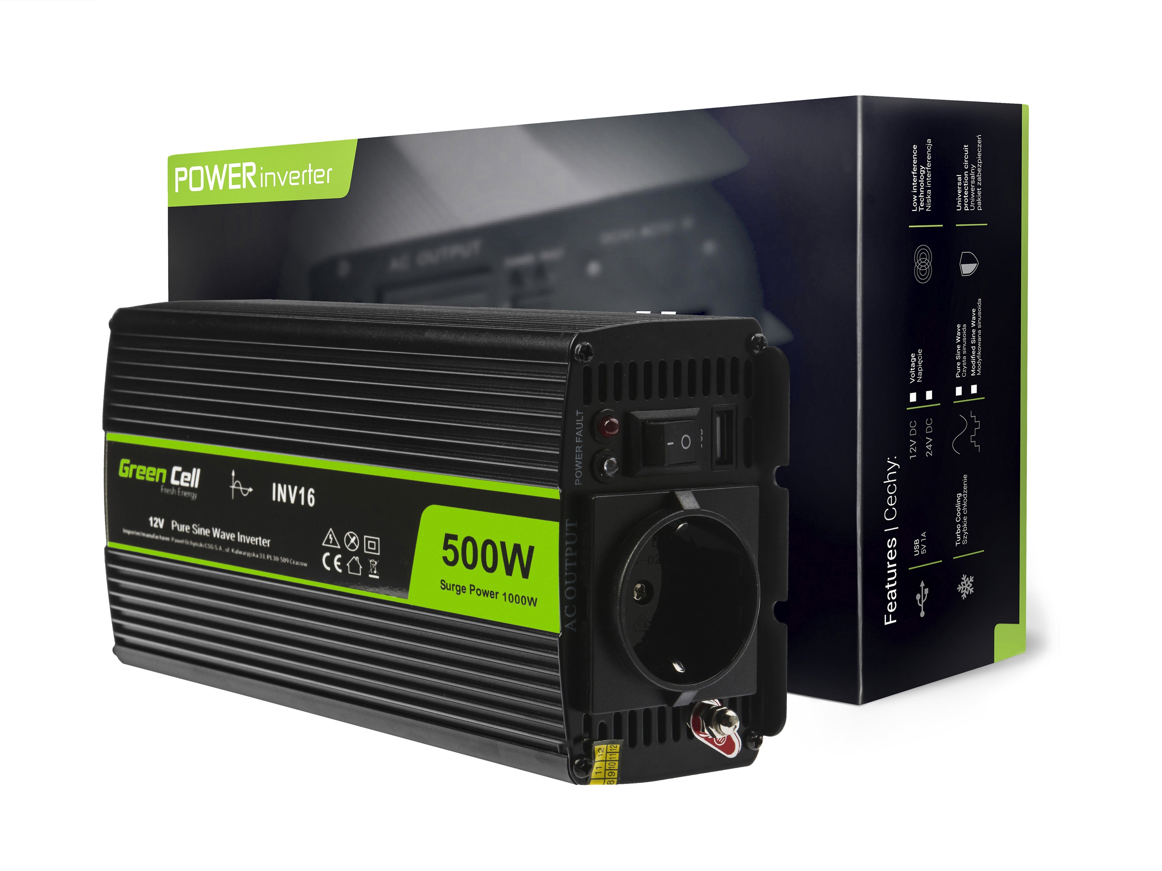 Green Cell Power Inverter 12V to 230V 500W/1000W Pure sine wave - 2 | Shopply